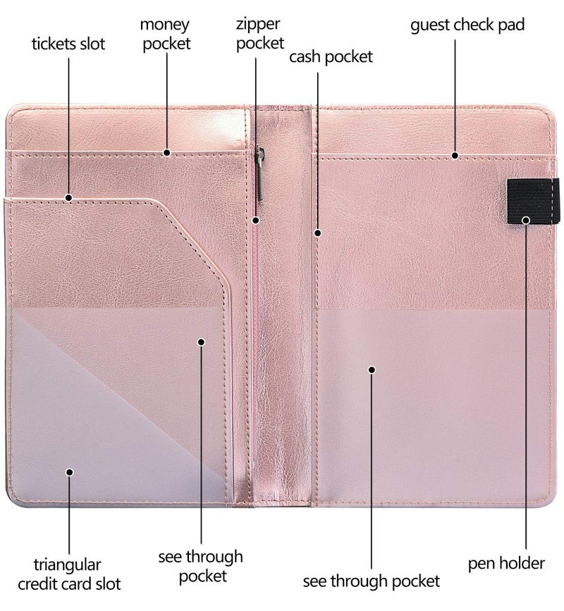 HerriaT Server Books for Waitress - Leather Waiter Book Server Wallet with Zipper Pocket, Cute Waitress Book&Waitstaff Organizer with Money Pocket Fit Server Apronï¼ˆClassic Rose Goldï¼‰ - Image 3